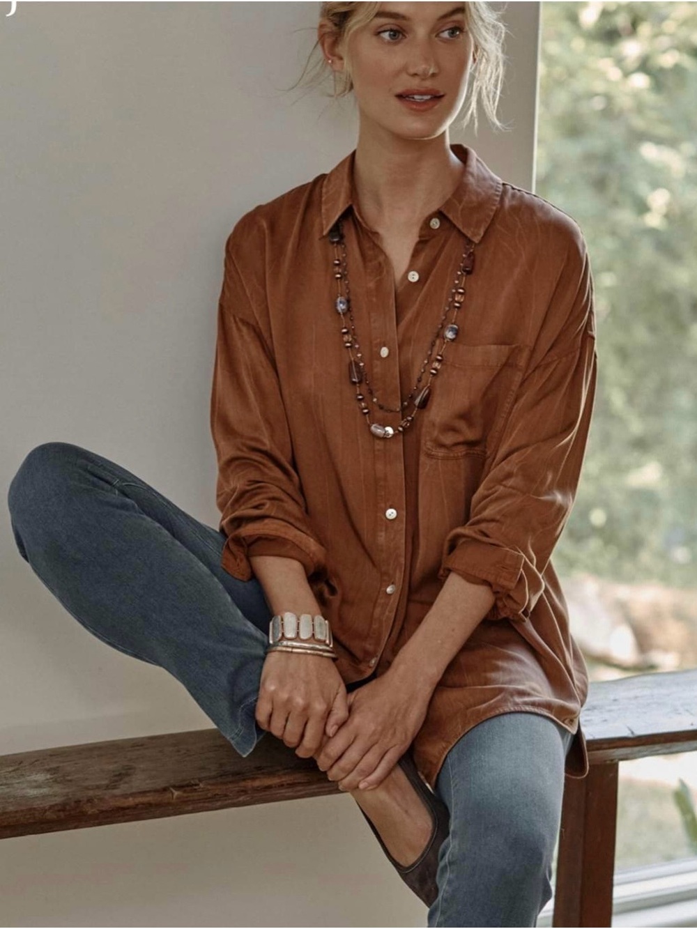 Relaxed Button-Down Shirt in Warm Brown